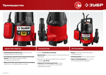 ЗУБР 300 Вт, дренажный насос для грязной воды (НПГ-М1-300) купить в Нефтеюганске