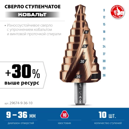 ЗУБР КОБАЛЬТ 9-36мм, 10 ступеней, винтовая проточка, сверло ступенчатое, ПРОФЕССИОНАЛ (29674-9-36-10) купить в Нефтеюганске