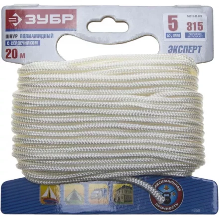 Шнур ЗУБР полиамидный, плетеный, повышенной нагрузки, с сердечником, белый, d 5, 20м 50310-05-020 купить в Нефтеюганске