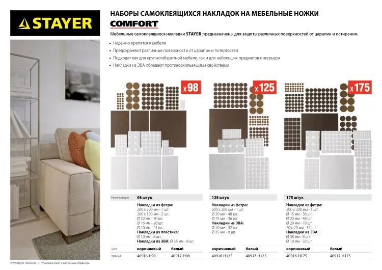 Набор STAYER "COMFORT": Накладки самоклеящиеся на мебельные ножки, 175 шт, белые 40917-H175 купить в Нефтеюганске