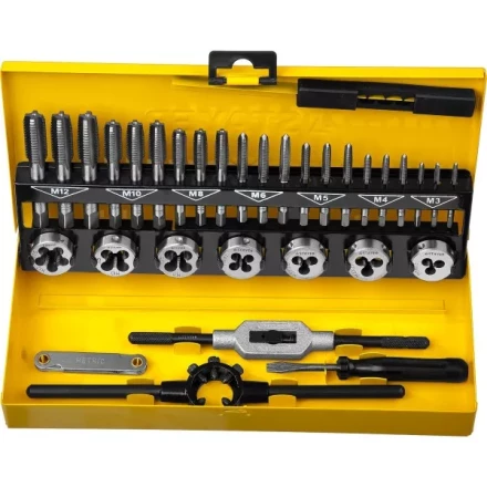 Набор метчиков и плашек STAYER &quot;MASTER&quot;, плашки 7шт, метчики компл. 21шт, метчикодерж. 1шт, плашкодерж. 1шт, резьбомер 1шт, отвертка 1шт, 32 предмета 28014-H32 купить в Нефтеюганске