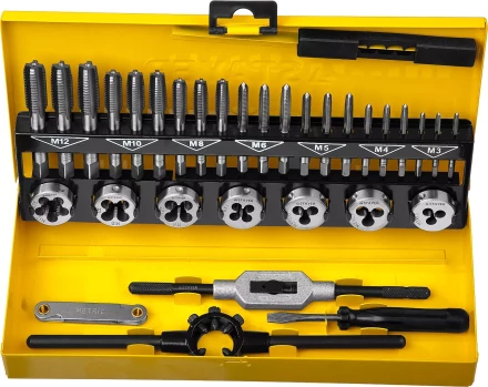 Набор метчиков и плашек STAYER &quot;MASTER&quot;, плашки 7шт, метчики компл. 21шт, метчикодерж. 1шт, плашкодерж. 1шт, резьбомер 1шт, отвертка 1шт, 32 предмета 28014-H32 купить в Нефтеюганске