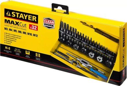 Набор метчиков и плашек STAYER &quot;MASTER&quot;, плашки 7шт, метчики компл. 21шт, метчикодерж. 1шт, плашкодерж. 1шт, резьбомер 1шт, отвертка 1шт, 32 предмета 28014-H32 купить в Нефтеюганске