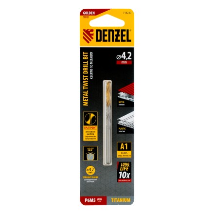 Сверло спиральное по металлу Denzel 4,2 x 75 мм, Р6М5, Golden Tip, 718230 купить в Нефтеюганске
