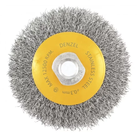 Щетка для УШМ 100 мм Тарелка витая нержавеющая проволока 0.3 мм М14 Denzel 746083 купить в Нефтеюганске