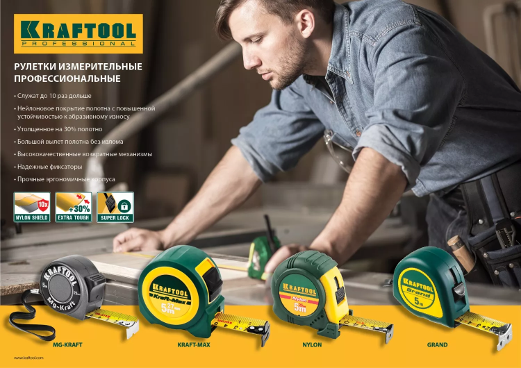Рулетка KRAFTOOL "MG-Kraft", особопроч корпус, Mg сплав, нейлон покрытие, суперкомпакт размер, 5м/19м 34129-05-19 купить в Нефтеюганске
