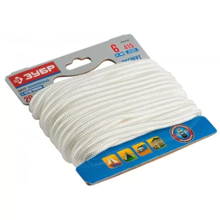 Шнур ЗУБР полиамидный, плетеный, повышенной нагрузки, с сердечником, белый, d 6, 20м 50310-06-020 купить в Нефтеюганске