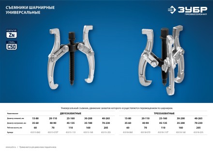 ЗУБР внешний d 30 - 200 мм, внутренний d 35 - 200 мм, шарнирный трехзахватный съемник, Профессионал (43318-160) купить в Нефтеюганске