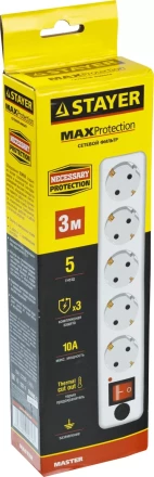 Сетевой фильтр STAYER "MASTER" электрический, 5 гнезд, макс. мощн. 2200 Вт, 3м 55066-3 купить в Нефтеюганске
