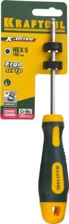 Отвертка KRAFTOOL, Cr-Mo-V сталь, двухкомпонентная противоскользящая рукоятка, HEX, №5x100мм 250075-5-100 купить в Нефтеюганске