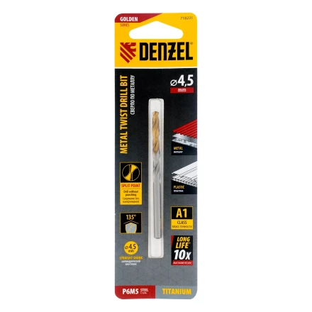 Сверло спиральное по металлу Denzel 4,5 x 80 мм, Р6М5, Golden Tip, 718231 купить в Нефтеюганске
