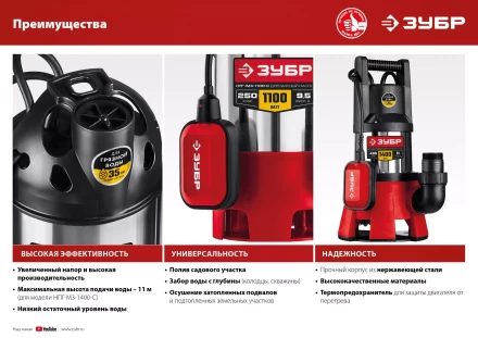 ЗУБР 1400 Вт, дренажный насос для грязной воды, корпус - нерж. сталь (НПГ-М3-1400-С) купить в Нефтеюганске