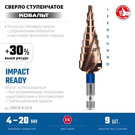 ЗУБР КОБАЛЬТ 4-20мм, 9 ступеней, винтовая проточка, сверло ступенчатое, серия Профессионал(29674-4-20-9) купить в Нефтеюганске