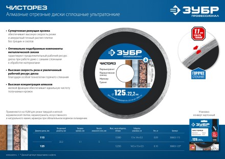 ЗУБР Чисторез, 125 мм, (22.2 мм, 5 х 1.1 мм), сплошной алмазный диск, Профессионал (36663-125) купить в Нефтеюганске