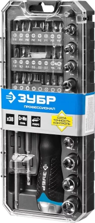Набор ЗУБР &quot;ПРОФЕССИОНАЛ&quot;: Отвертка реверсив с двухкомп рукоят, насадки, CrMo, рукоят с отсеком для хранения бит, 38 предметов 25352-H38 купить в Нефтеюганске
