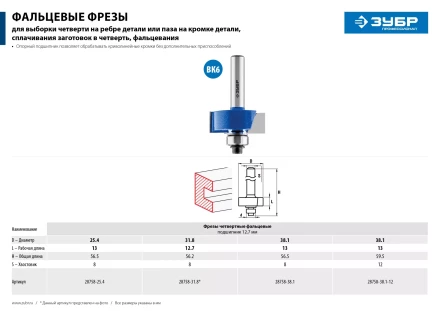 ЗУБР 38.1 x 13 мм, хвостовик 12 мм, фреза фальцевая, Профессионал (28758-38.1) купить в Нефтеюганске