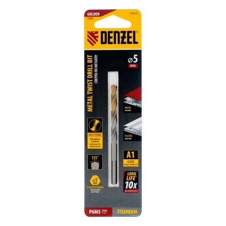 Сверло спиральное по металлу Denzel 5 x 86 мм, Р6М5, Golden Tip, 718233 купить в Нефтеюганске