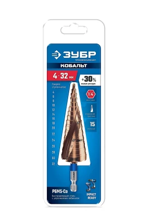 ЗУБР КОБАЛЬТ 4-32мм, 15 ступеней, винтовая проточка, сверло ступенчатое, ПРОФЕССИОНАЛ (29674-4-32-15) купить в Нефтеюганске