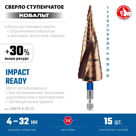 ЗУБР КОБАЛЬТ 4-32мм, 15 ступеней, винтовая проточка, сверло ступенчатое, ПРОФЕССИОНАЛ (29674-4-32-15) купить в Нефтеюганске