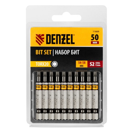 Бита TX 20х50, сталь S2, шестигранный профиль, 10 шт. Е 6,3 Denzel 11669 купить в Нефтеюганске