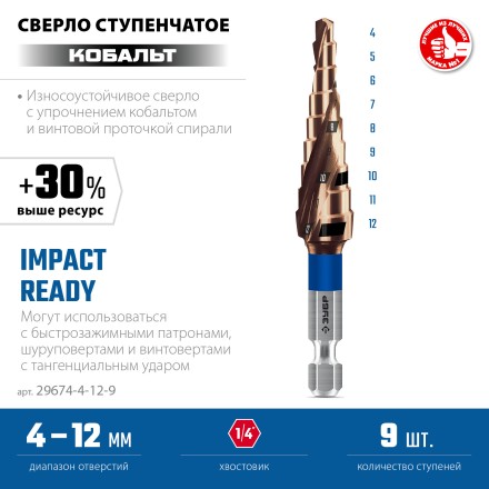 ЗУБР КОБАЛЬТ 4-12мм, 9 ступеней, винтовая проточка, сверло ступенчатое, серия Профессионал(29674-4-12-9) купить в Нефтеюганске