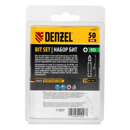 Бита PZ3х50, сталь S2, шестигранный профиль, 10 шт. Е 6,3 Denzel 11657 купить в Нефтеюганске
