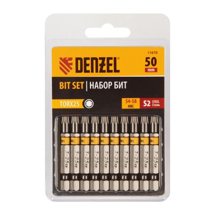 Бита TX 25х50, сталь S2, шестигранный профиль, 10 шт. Е 6,3 Denzel 11670 купить в Нефтеюганске