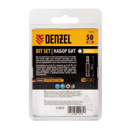 Бита TX 25х50, сталь S2, шестигранный профиль, 10 шт. Е 6,3 Denzel 11670 купить в Нефтеюганске
