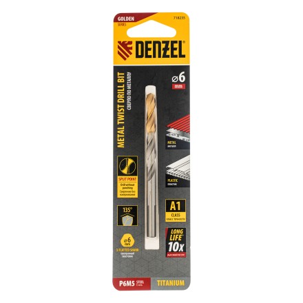 Сверло спиральное по металлу Denzel 6 x 93 мм, Р6М5, Golden Tip, 718235 купить в Нефтеюганске