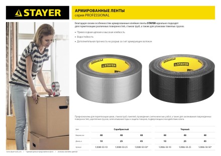 Армированная лента, STAYER Professional 12086-50-10, универсальная, влагостойкая, 48мм х 10м, черная 12086-50-10 купить в Нефтеюганске