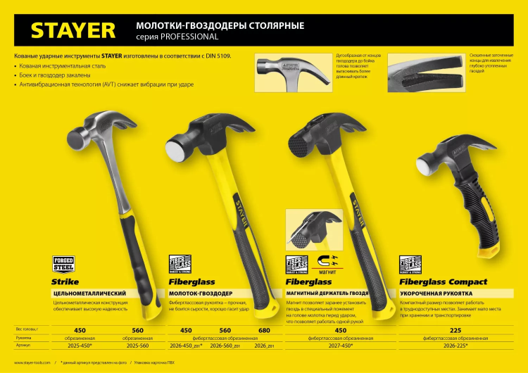 Молоток-гвоздодер "Fiberglass" с фиберглассовой рукояткой, 450 г, STAYER Professional 2026-450_z01 купить в Нефтеюганске