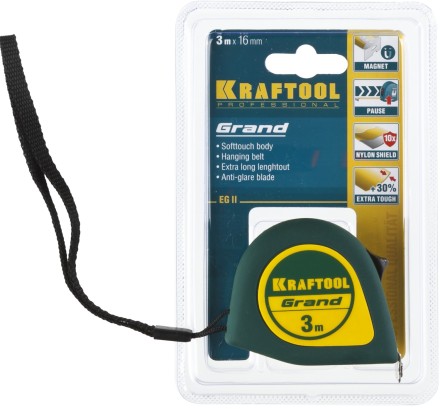 Рулетка KRAFTOOL GRAND, обрезиненный пластиковый корпус, 3м/16мм 34022-03-16 купить в Нефтеюганске