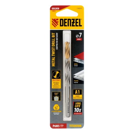 Сверло спиральное по металлу Denzel 7,0 x 109 мм, Р6М5, Golden Tip, 718237 купить в Нефтеюганске