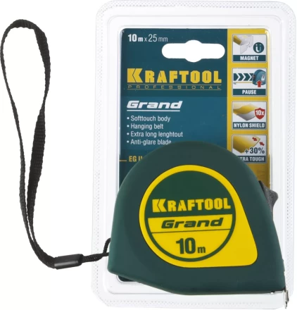 Рулетка KRAFTOOL GRAND, обрезиненный пластиковый корпус, 10м/25мм 34022-10-25 купить в Нефтеюганске