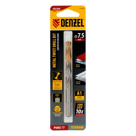 Сверло спиральное по металлу Denzel 7,5 x 109 мм, Р6М5, Golden Tip, 718238 купить в Нефтеюганске