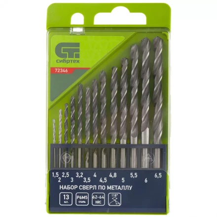 Набор сверл по металлу 1,5 - 6,5 мм 13 штук Р6М5 пластиковый кейс СИБРТЕХ артикул 72346 купить в Нефтеюганске