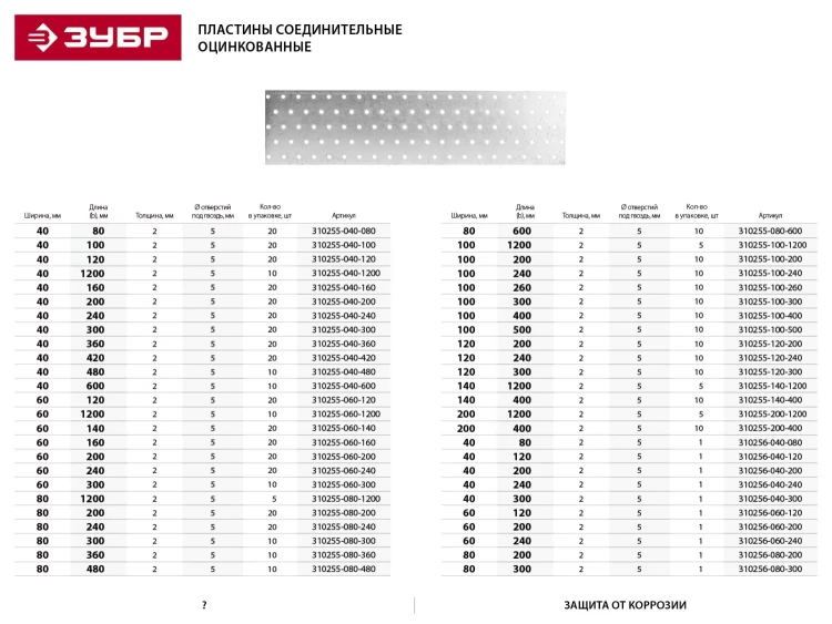 Пластина соединительная ЗУБР "МАСТЕР", 80х480мм, 10шт 310255-080-480 купить в Нефтеюганске