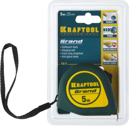 Рулетка KRAFTOOL GRAND, обрезиненный пластиковый корпус, 5м/25мм 34022-05-25 купить в Нефтеюганске