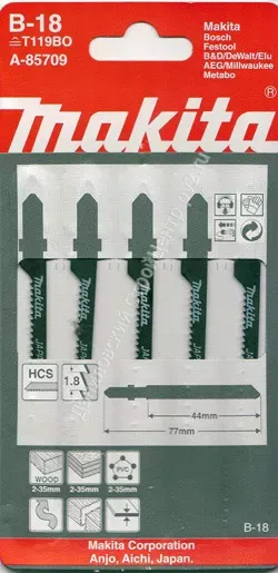 Пилка для лобзика Makita A-85709 ( 5 шт.) HCS 77х1,8 мм рез-35 мм  крив.пропил купить в Нефтеюганске