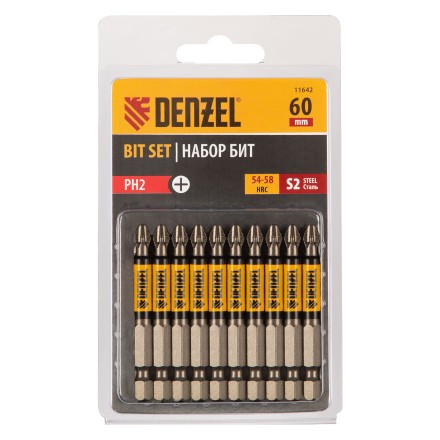 Бита PH2х60, сталь S2, цилиндр., 10 шт. Е 6,3 Denzel 11642 купить в Нефтеюганске