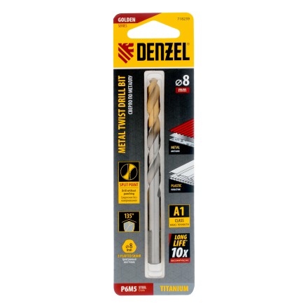 Сверло спиральное по металлу Denzel 8 x 117 мм, Р6М5, Golden Tip, 718239 купить в Нефтеюганске