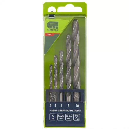 Набор сверл по металлу 4 - 10 мм 5 штук Р6М5 пластиковый кейс СИБРТЕХ артикул 72347 купить в Нефтеюганске