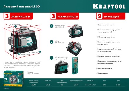 Нивелиры лазерные LL-3D, 360 град, 20/70м, IP54 34640 купить в Нефтеюганске