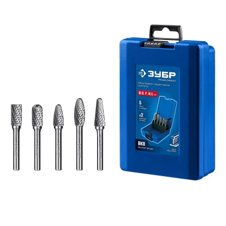 Зубр Набор твердосплавных борфрез, 5 шт.: B1020, C1020, F1020, H1025, L1025 (28815-H5) купить в Нефтеюганске