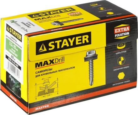 Саморезы СКМ кровельные, RAL 6002 зеленый лист, 25 x 5.5 мм, 420 шт, для металлических конструкций, STAYER 30305-55-025-6002 купить в Нефтеюганске