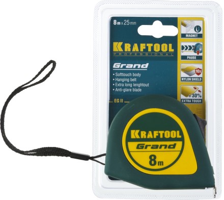 Рулетка KRAFTOOL GRAND, обрезиненный пластиковый корпус, 8м/25мм 34022-08-25 купить в Нефтеюганске