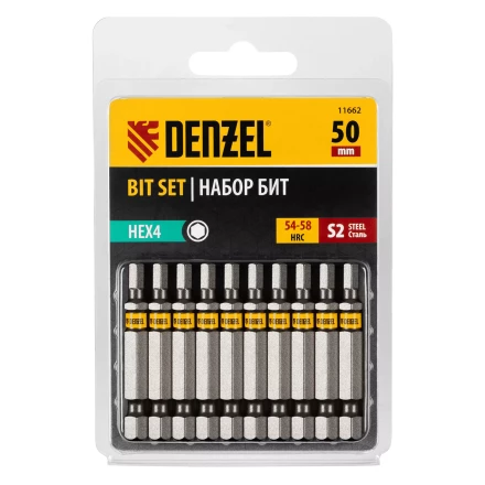 Бита HEX 4х50, сталь S2, шестигранный профиль, 10 шт. Е 6,3 Denzel 11662 купить в Нефтеюганске