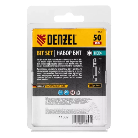 Бита HEX 4х50, сталь S2, шестигранный профиль, 10 шт. Е 6,3 Denzel 11662 купить в Нефтеюганске