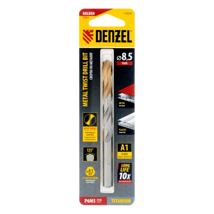 Сверло спиральное по металлу Denzel 8,5 x 117 мм, Р6М5, Golden Tip, 718240 купить в Нефтеюганске