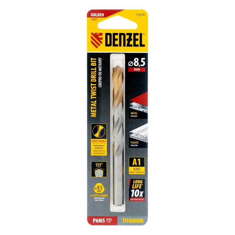 Сверло спиральное по металлу Denzel 8,5 x 117 мм, Р6М5, Golden Tip, 718240 купить в Нефтеюганске